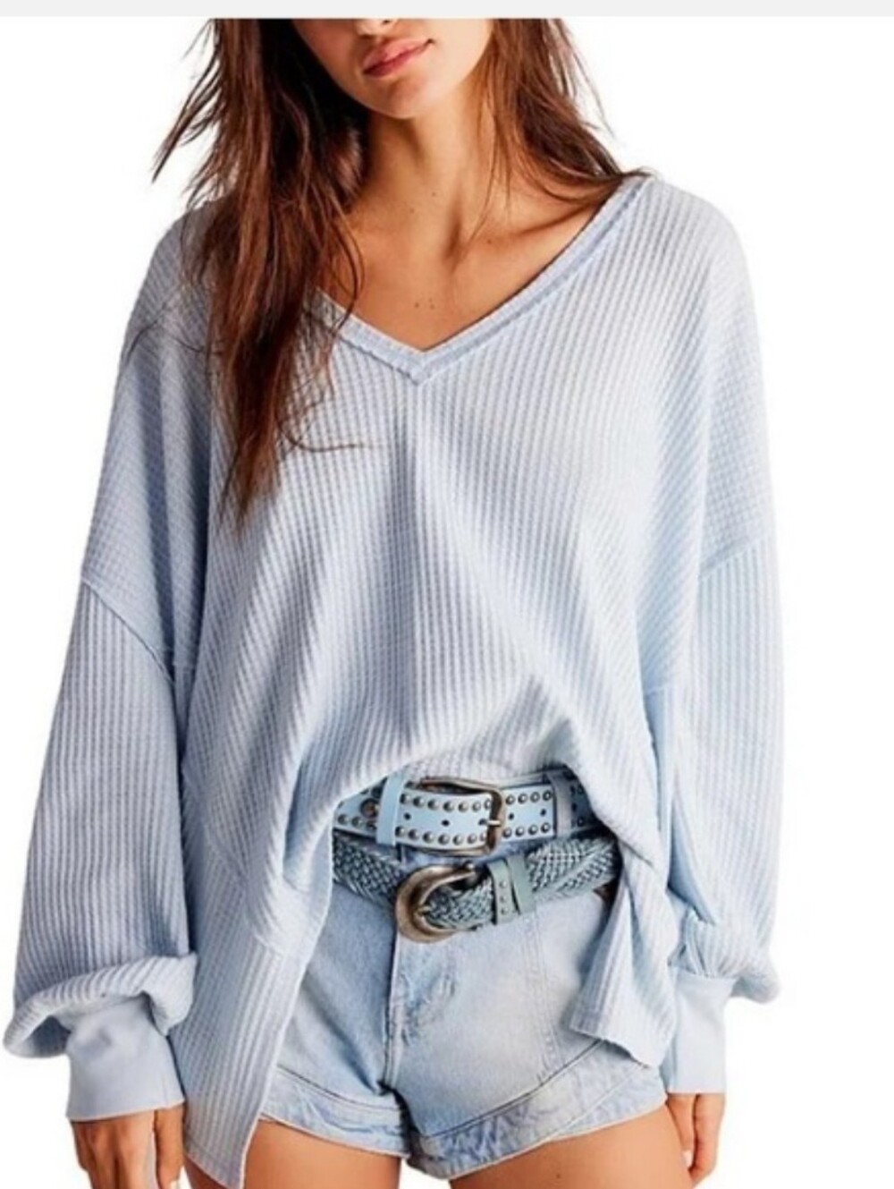 Free People We The Free Coralina Thermal Top M Light Blue NWT $68